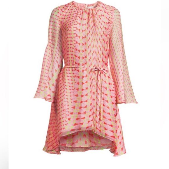 NWT MISA LOS ANGELES Petra Geometric Belted Dress with sleeves. Sheer sz S - Picture 1 of 13